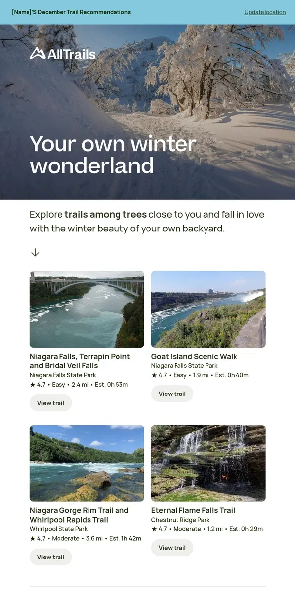 Email from AllTrails. Be among trees this December with trails just for you