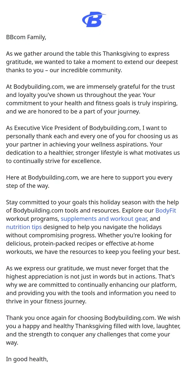 Email from Bodybuilding.com. Our Deepest Thanks to You