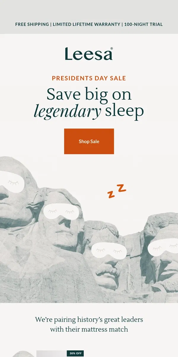 Email from Leesa. By George, It’s a deal! Save 30% on mattresses and get a FREE sleep bundle