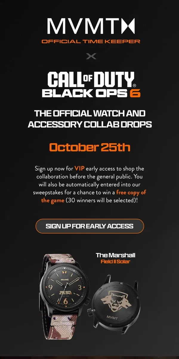 Email from MVMT. One Week Until MVMT x Call of Duty: Black Ops 6