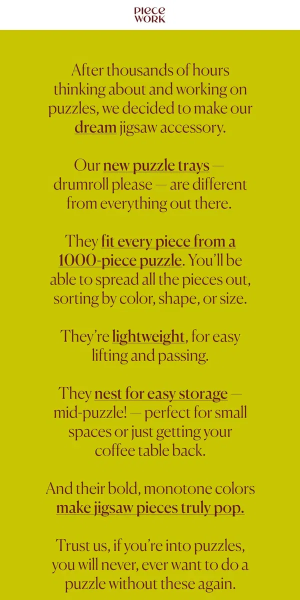 Email from Piecework Puzzles. Our Dream Jigsaw Accessory ✨