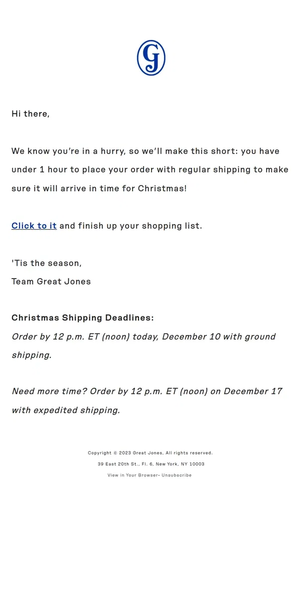 Email from Great Jones. FINAL CHANCE to get your gifts on time for free!