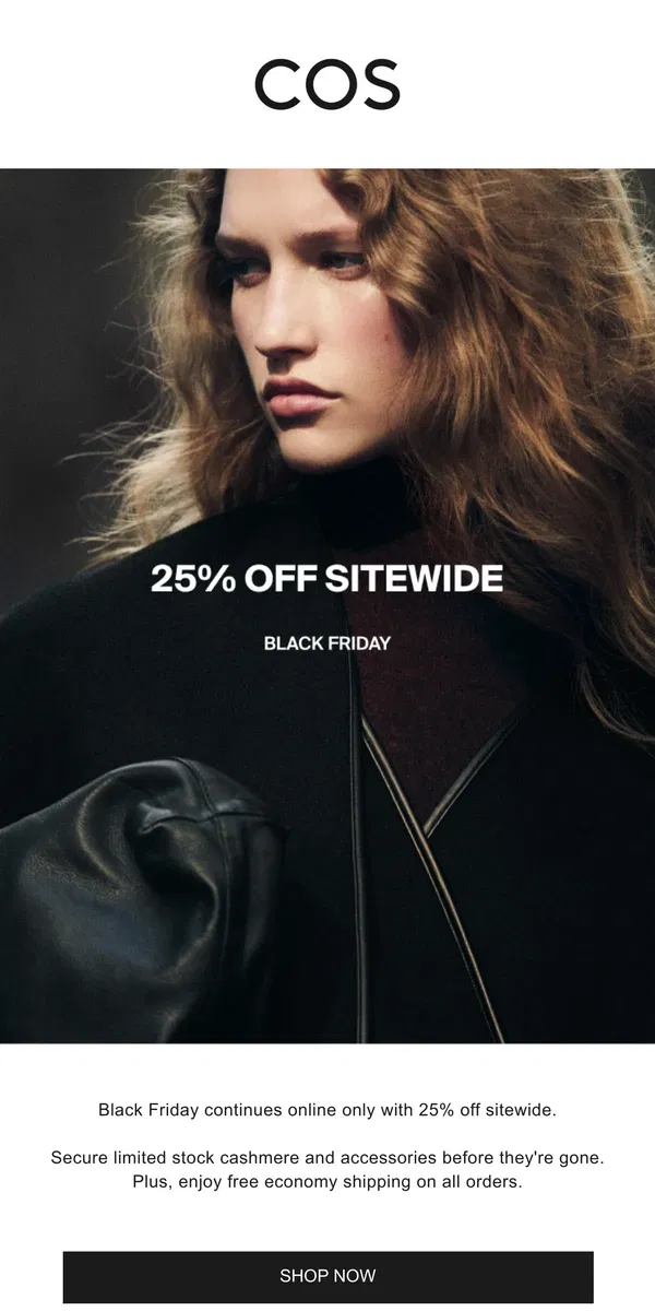 Email from COS. Black Friday: 25% off sitewide, including select cashmere