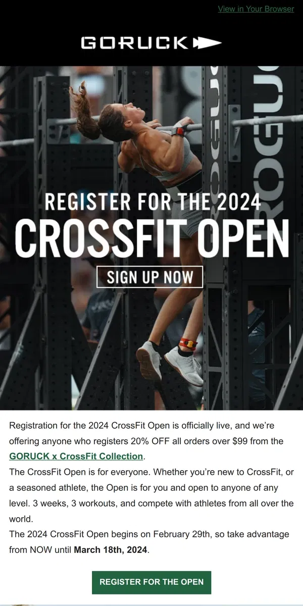 Email from GORUCK. Registration For the CrossFit Open Is Now Live