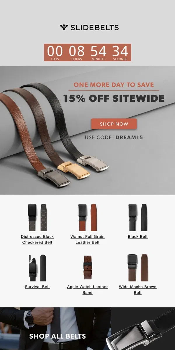 Email from SlideBelts. 🚨 FINAL Hours! 🎉 15-30% off sitewide!