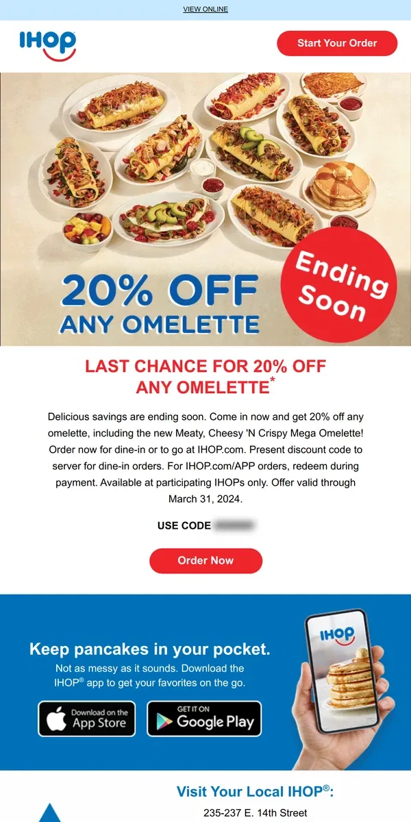 Email from IHOP. 20% Off Any Omelette Is Ending Soon