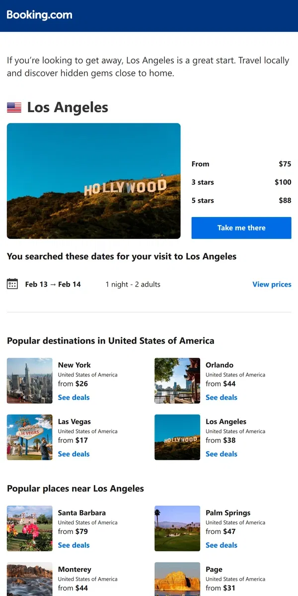 Email from Booking.com. Don’t forget your search for Los Angeles – prices as low as $75!