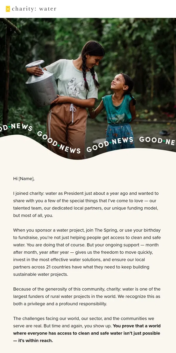 Email from charity: water. Good News: We’re celebrating millions and billions