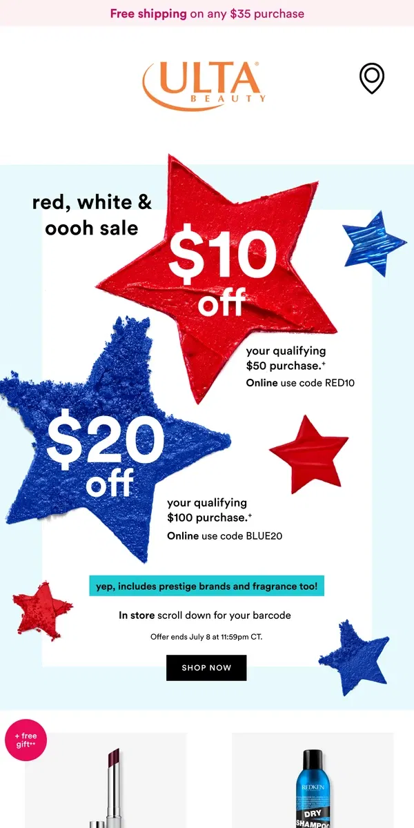 Email from Ulta Beauty. Red, white & oooh ❤️🤍💙 Up to $20 OFF