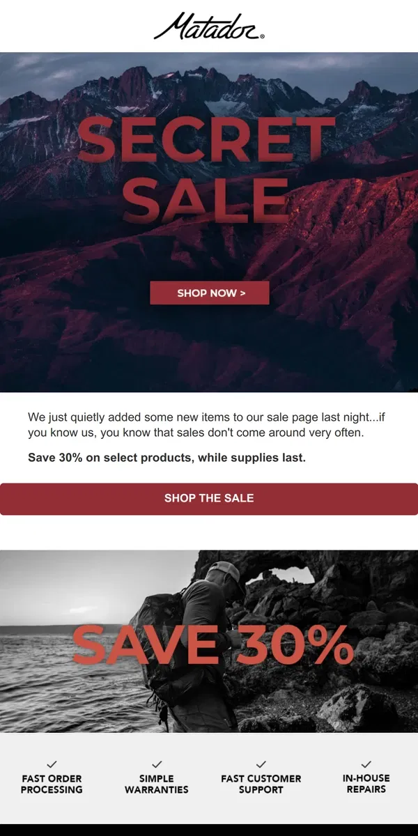 Email from Matador. Secret Sale