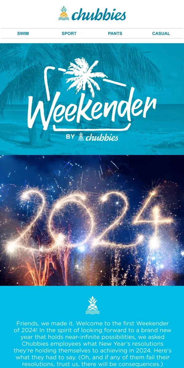 Email from Chubbies Shorts. The first Weekender of 2024 is here