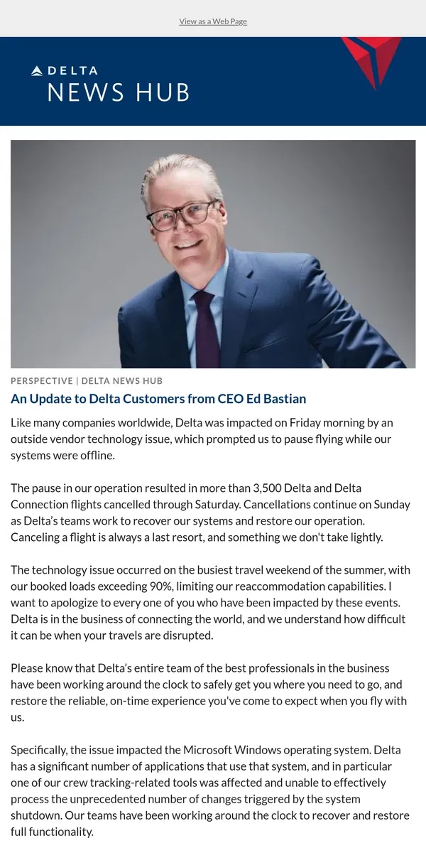 Email from Delta Air Lines. An Update to Delta Customers from CEO Ed Bastian