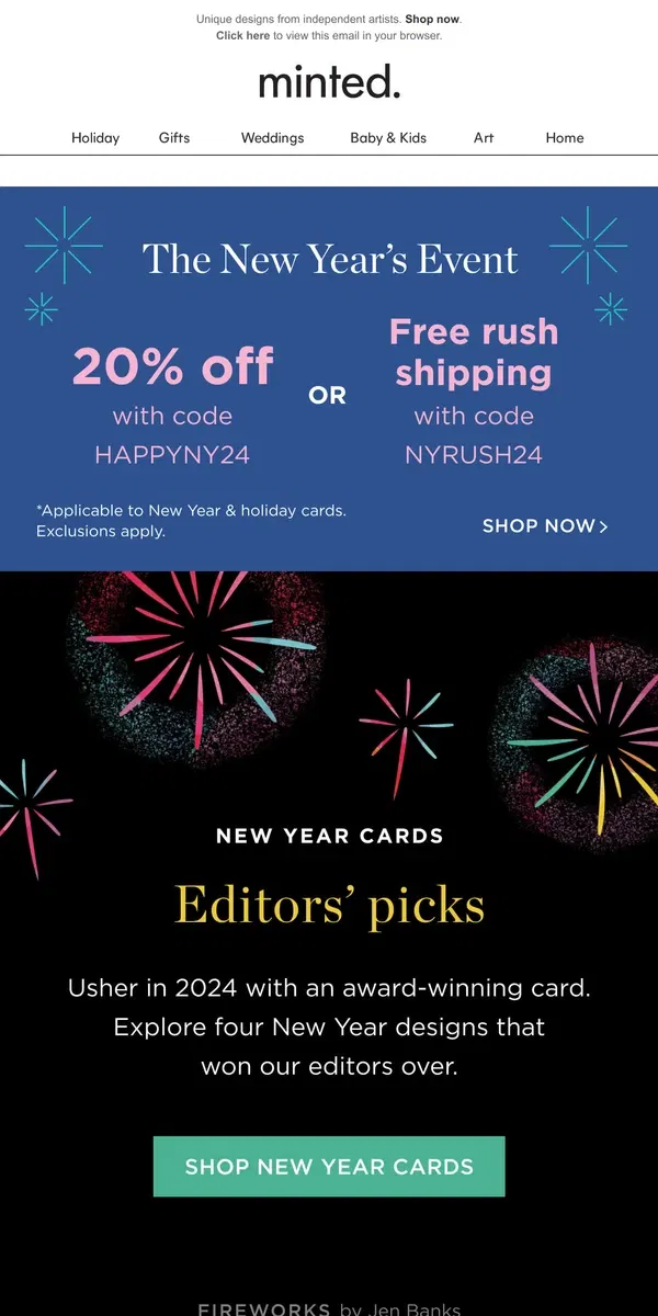 Email from Minted. 20% off editor-approved New Year cards