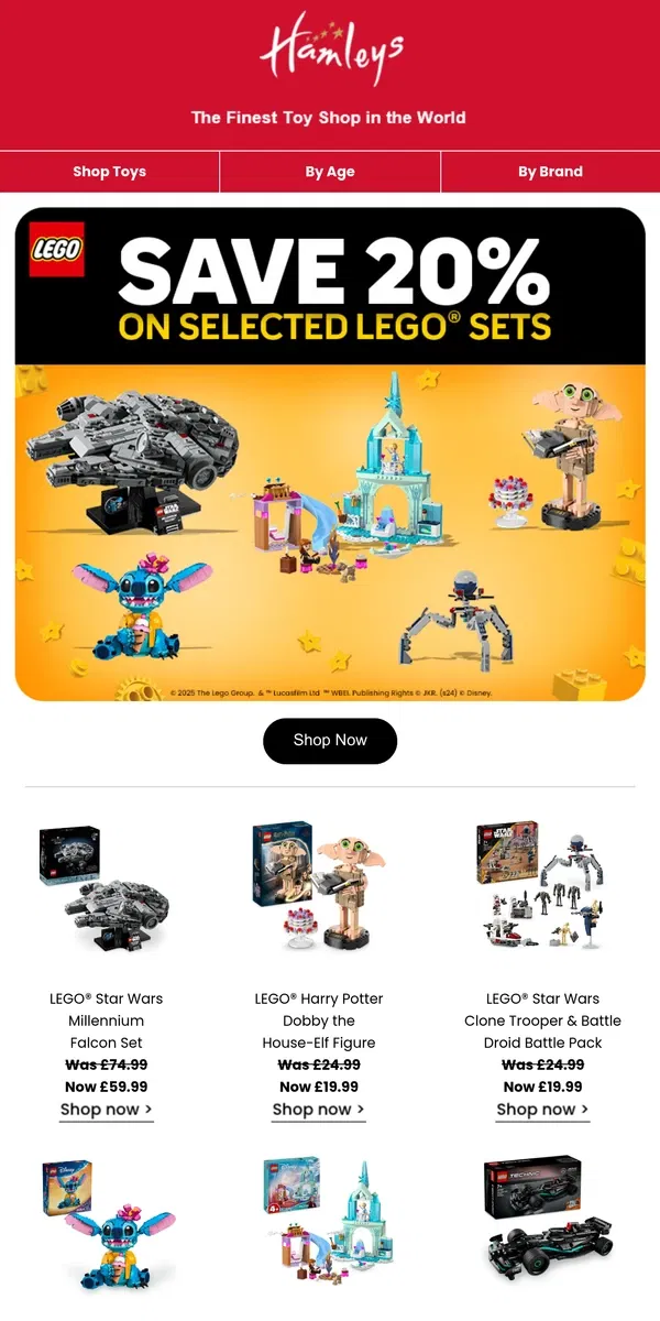 Email from Hamleys. Save 20% on selected LEGO® lines