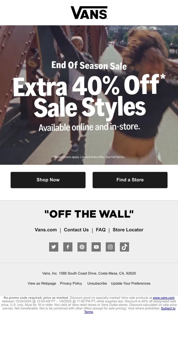 Email from Vans. ENDS TODAY: EXTRA 40% OFF* SALE