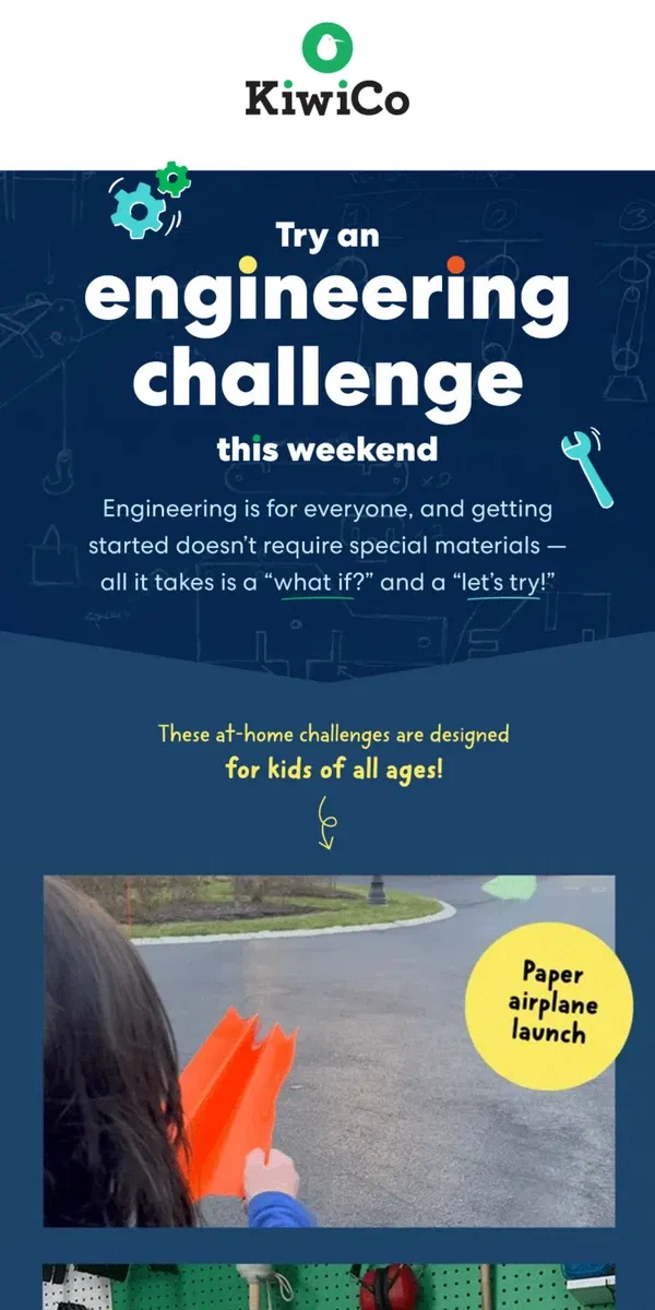 Email from KiwiCo. Weekend Engineering Challenges Inside! 🏗️