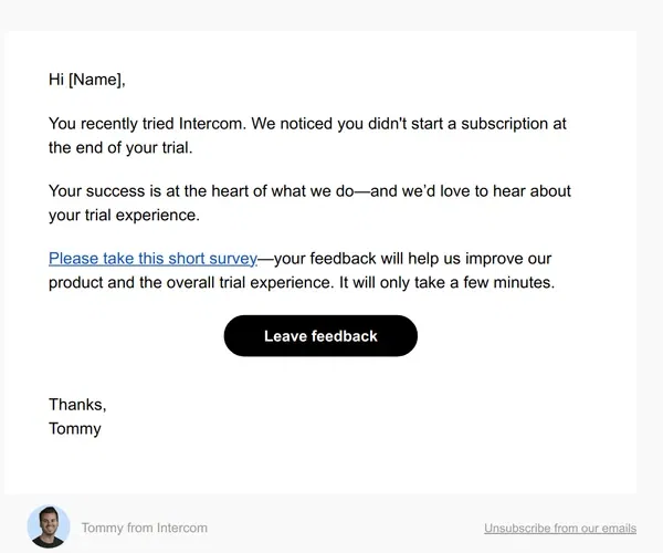 Email from Intercom. [Name], how was your Intercom trial experience?