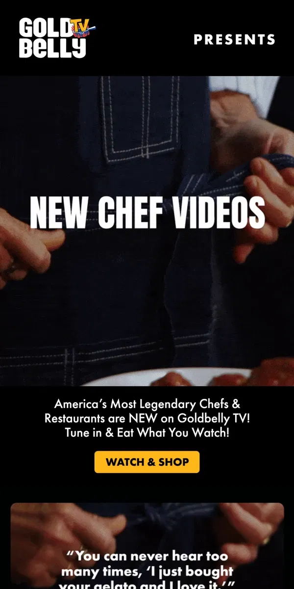 Email from Goldbelly. New Chef Videos: Nancy Silverton + Levain Bakery + 2nd Ave Deli!