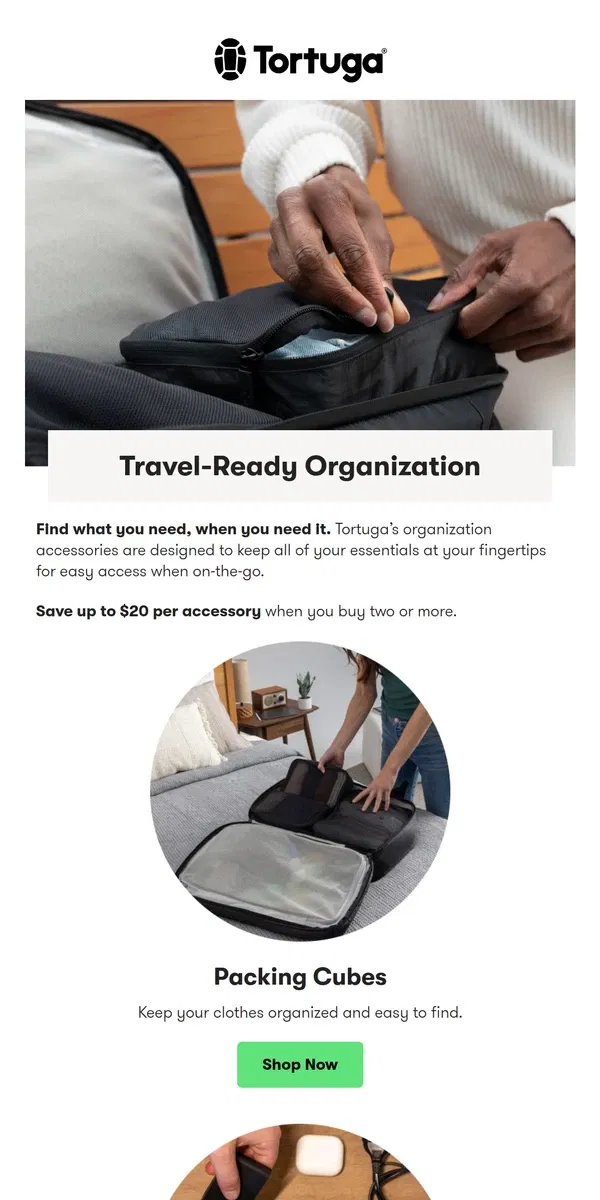 Email from Tortuga Backpacks. Travel-Ready Organization