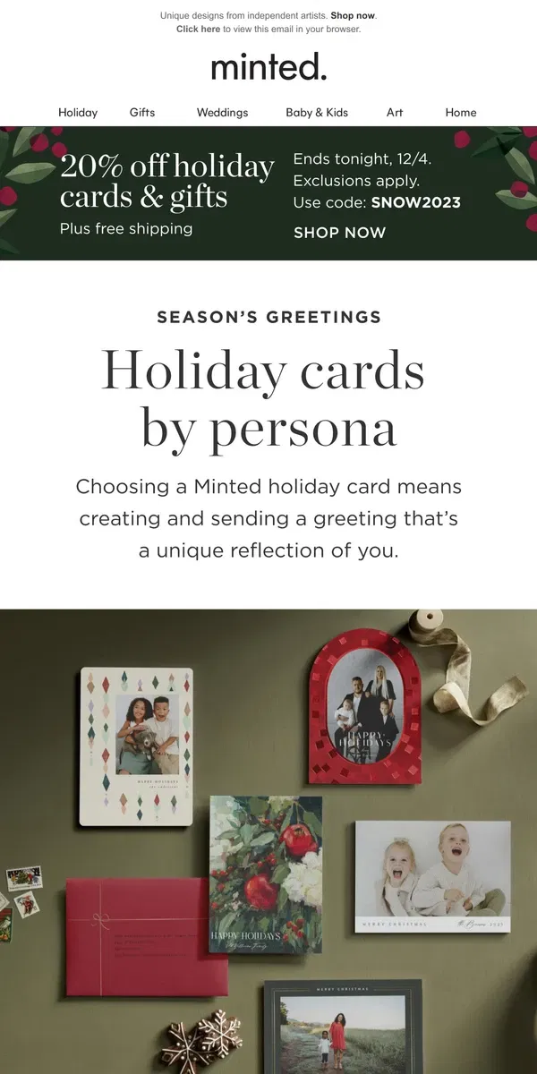 Email from Minted. 20% off unique-to-you holiday cards