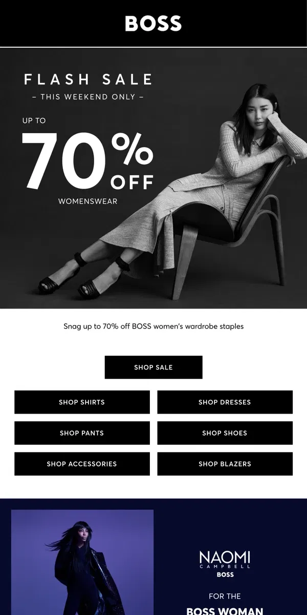 Email from HUGO BOSS. FLASH SALE: Up to 70% Off Womenswear