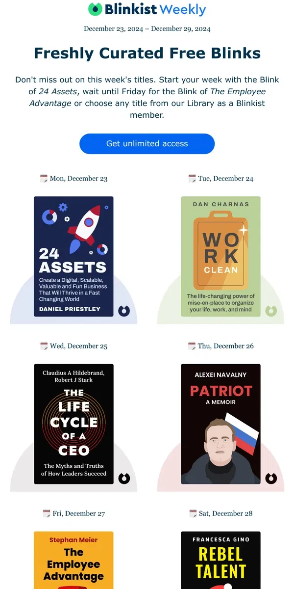 Email from Blinkist. 🗓️ The Summary: Your free reads next week