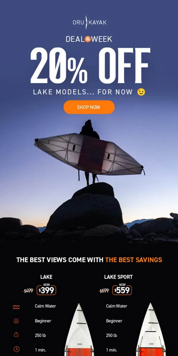 Email from Oru Kayak. Limited Time Only: 20% Off Lake Kayaks