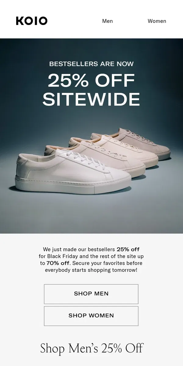 Email from Koio. OUR BIGGEST SALE STARTS NOW!