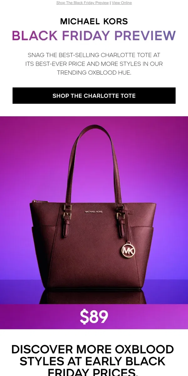 Email from Michael Kors. Trending Oxblood Styles Under $89