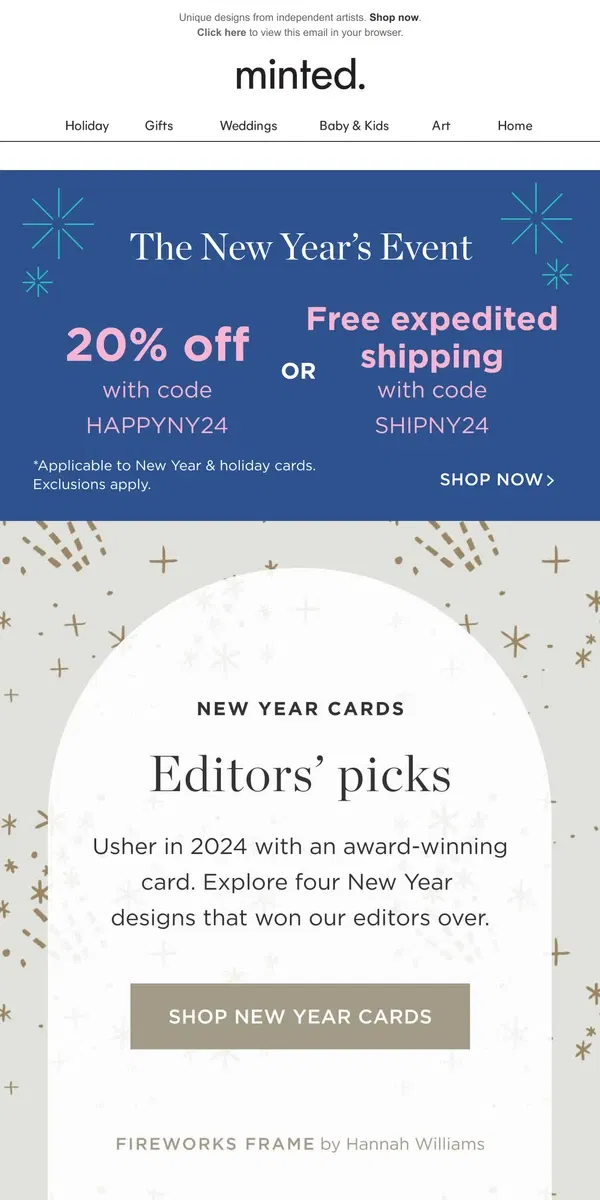 Email from Minted. ‘Tis the season for 20% off New Year cards 