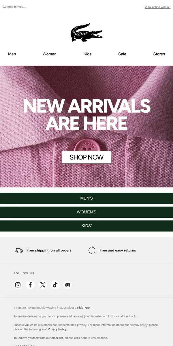 Email from Lacoste. Check out these new arrivals.