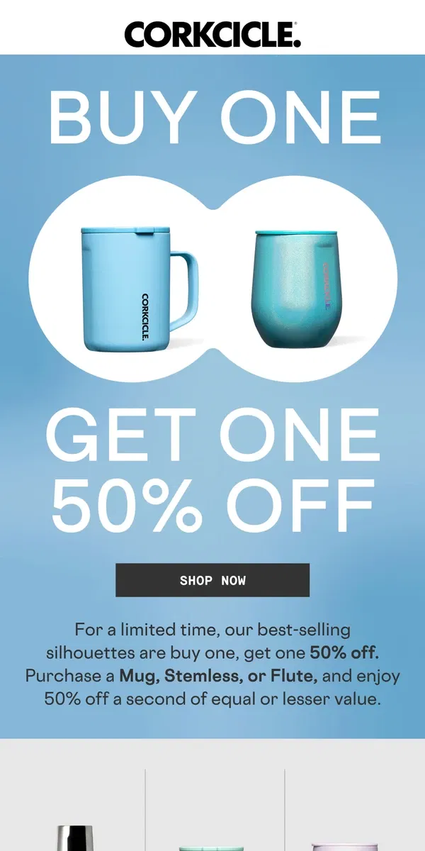 Email from CORKCICLE. BOGO 50% Off Mug & Stemless