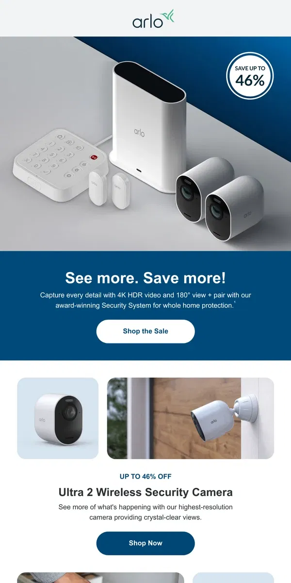 Email from Arlo. Starting now: Get up to 46% off!