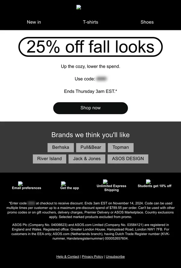 Email from ASOS. 25% off fall looks