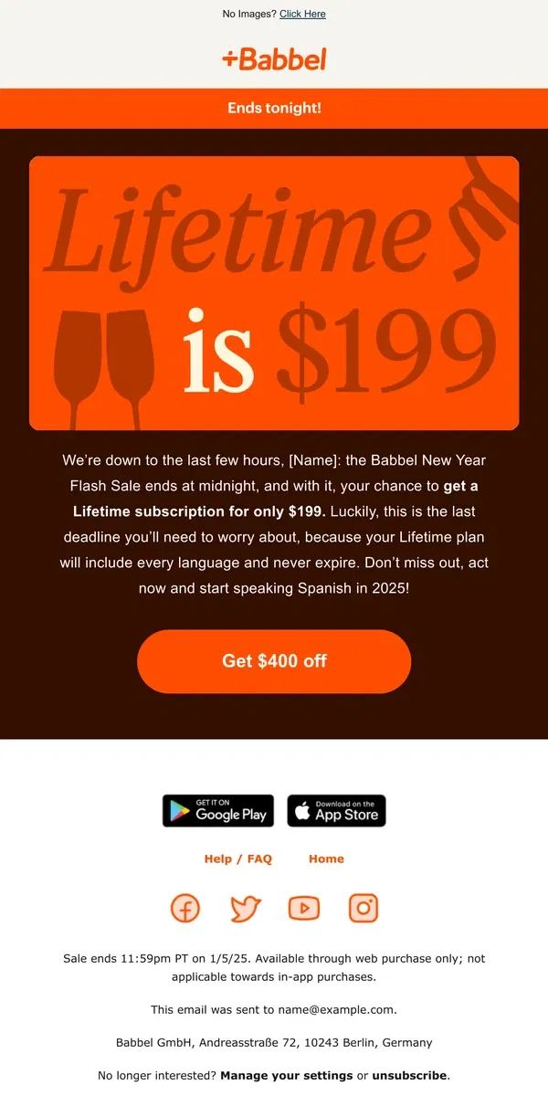 Email from Babbel. Goodbye, $199 Lifetime! 👋