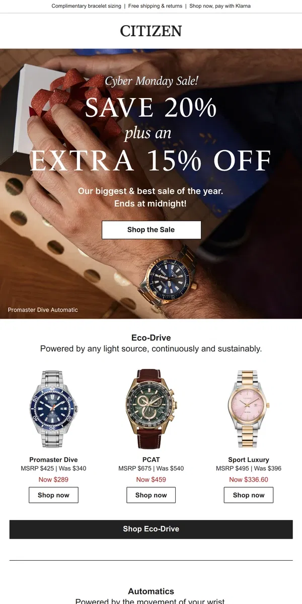 Email from Citizen Watch. Cyber Monday is Here! Save 20% + an Extra 15% Off