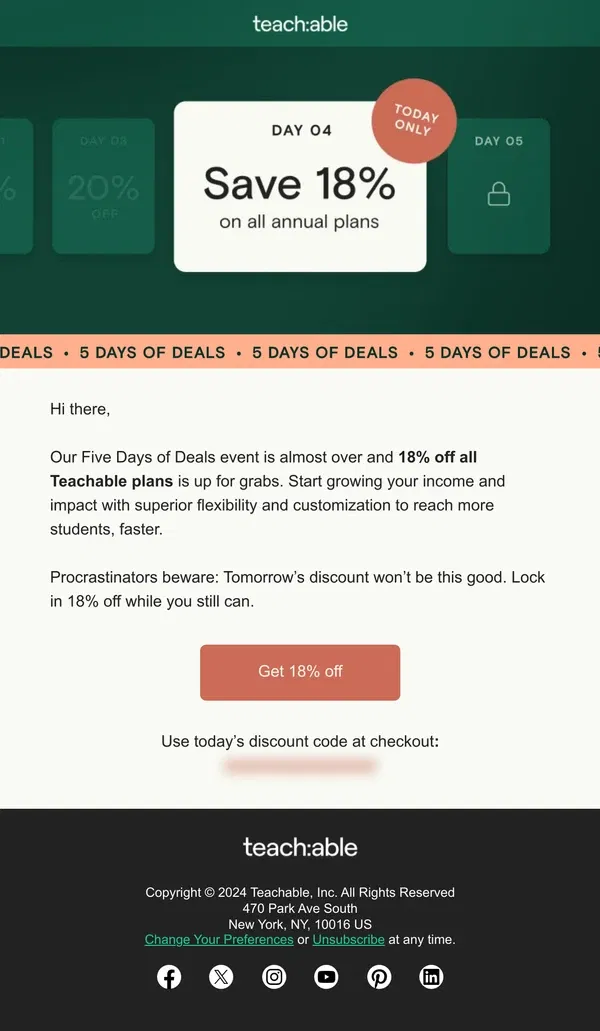 Email from Teachable. 🔒 Lock in 18% off today only