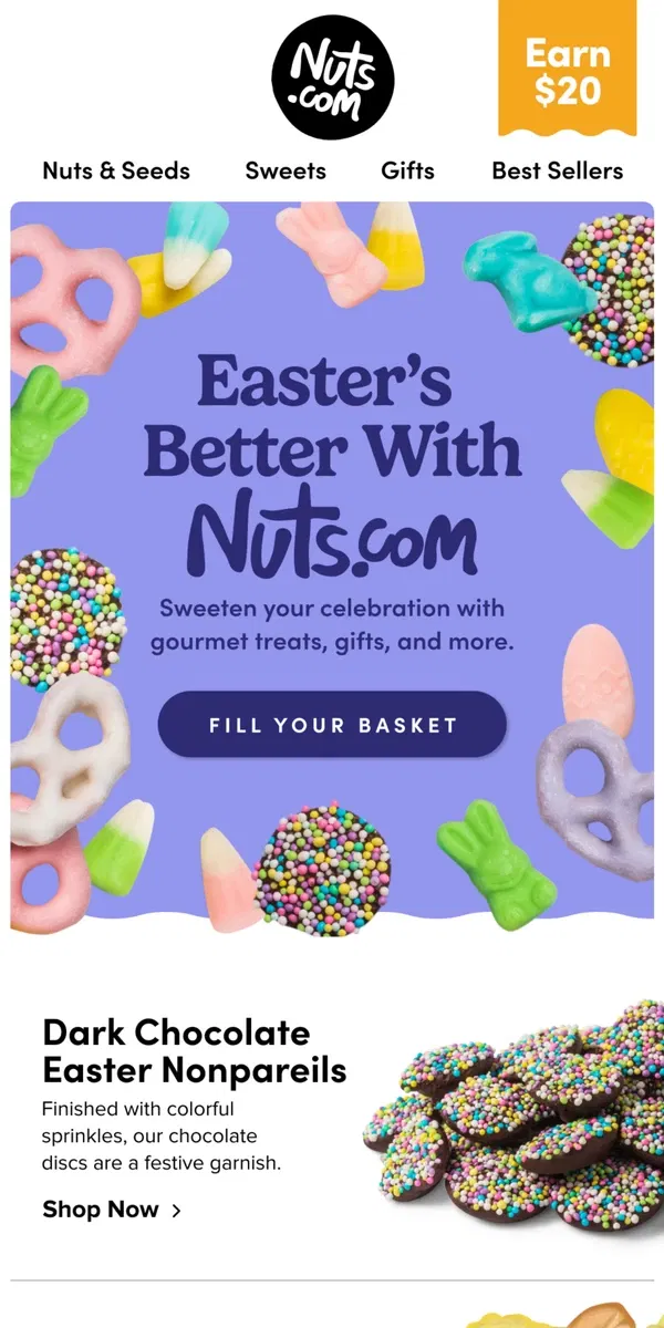 Email from Nuts.com. Easter: Gourmet gifts, sweet treats for baskets + more