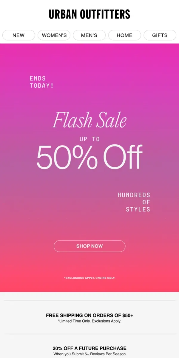 Email from Urban Outfitters. ENDING SOON: Up to 50% Off