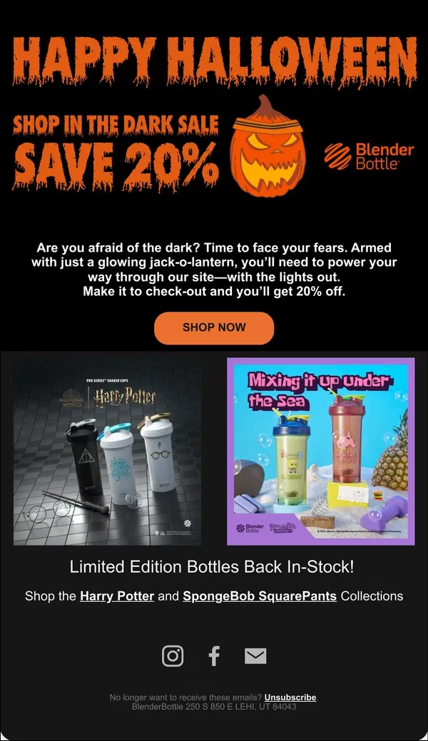 Email from BlenderBottle. Happy Halloween, Today is the last day of our Ghostly Gains Sale. 👻💪