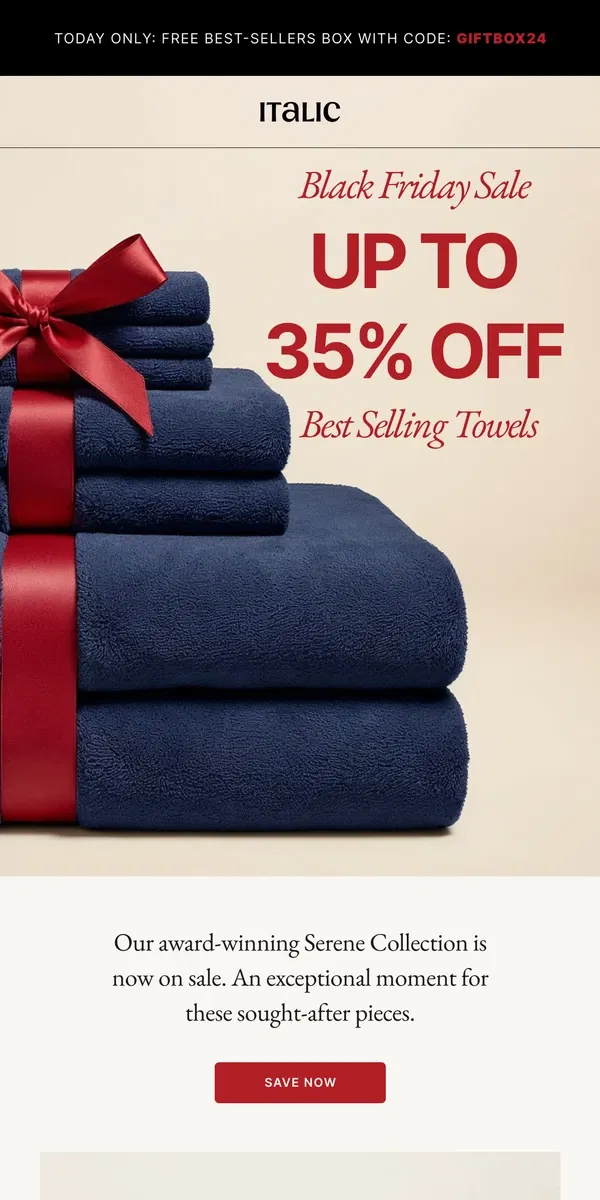 Email from Italic. Award-Winning Towels, Now on Sale!