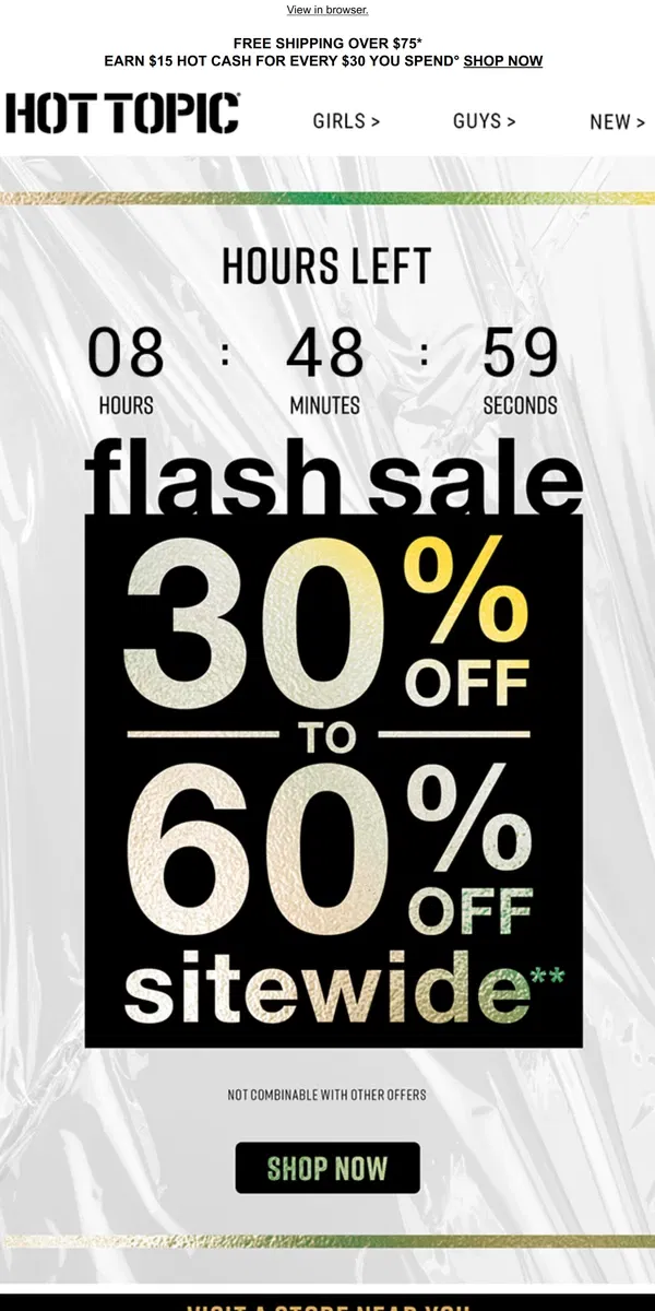 Email from Hot Topic. Hurry! 30%-60% Off ends in HOURS 🏎️