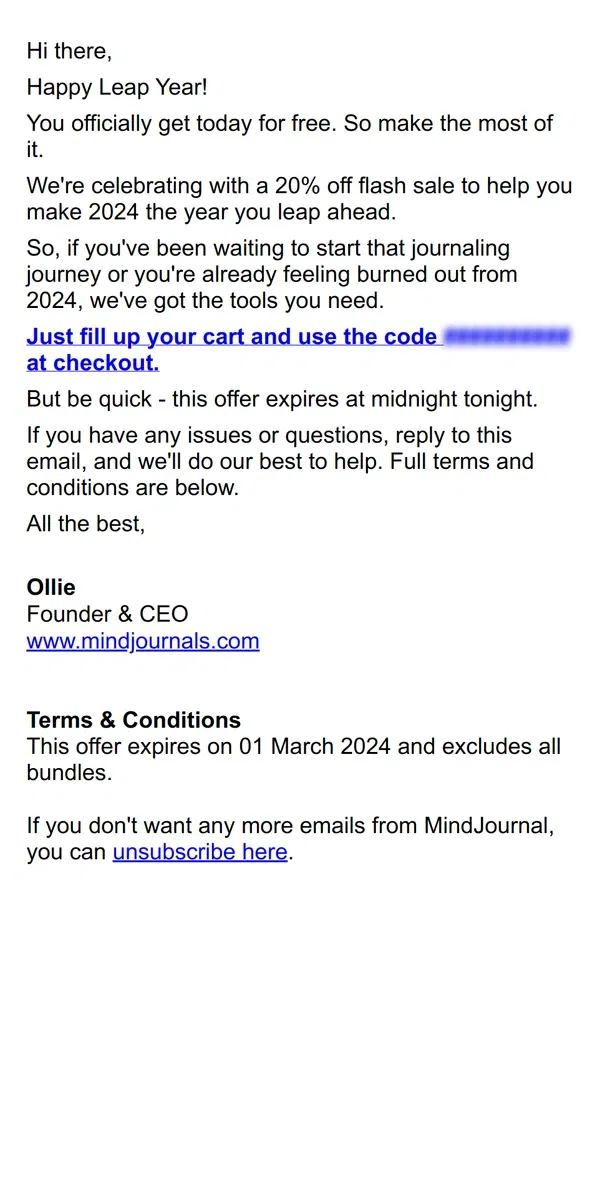 Email from Mindjournal. Leap year sale - 20% off 🤩