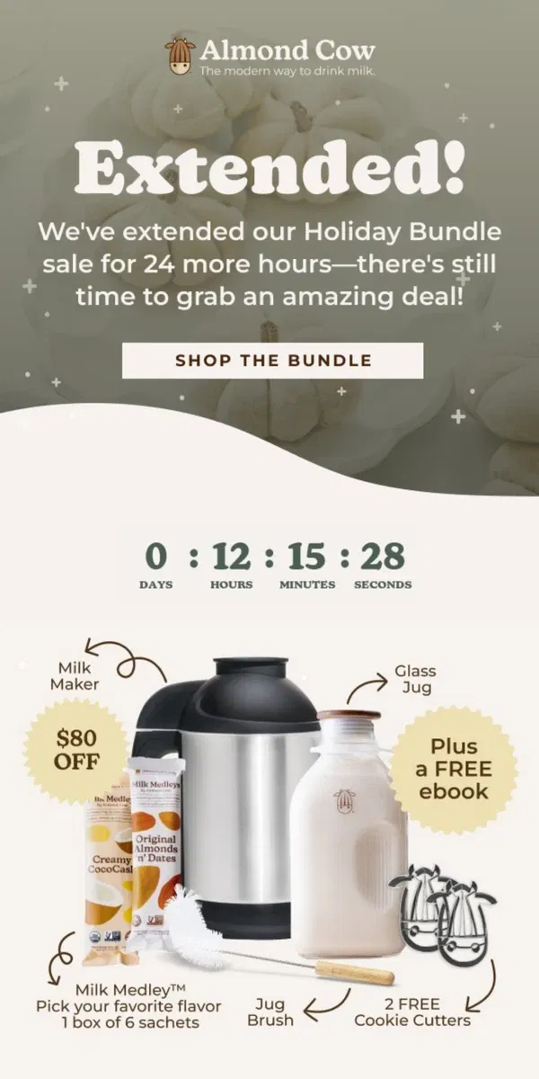 Email from Almond Cow. ✨ Surprise! 24 More Hours to Score Big on Our Holiday Bundle 🎉