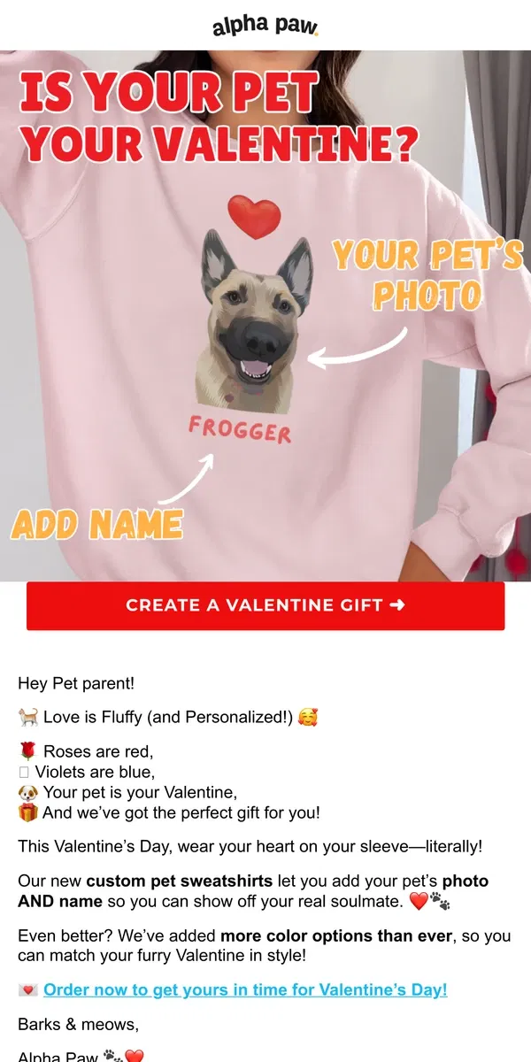 Email from Alpha Paw. ❤️🐶 NEW! Valentine's Day + Your Pet