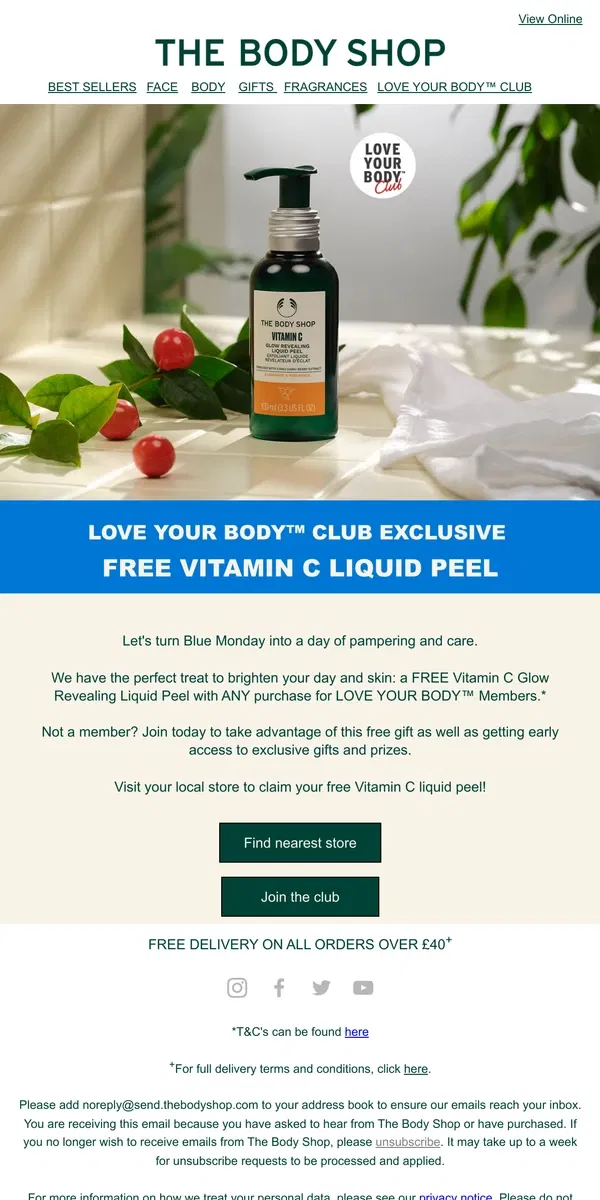 Email from The Body Shop. Brighten your day with a FREE Vitamin C Liquid Peel