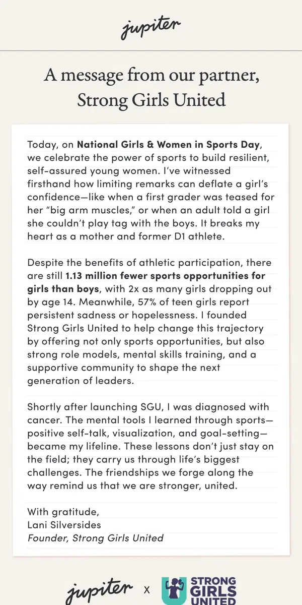 Email from Jupiter. It’s National Girls & Women in Sports Day