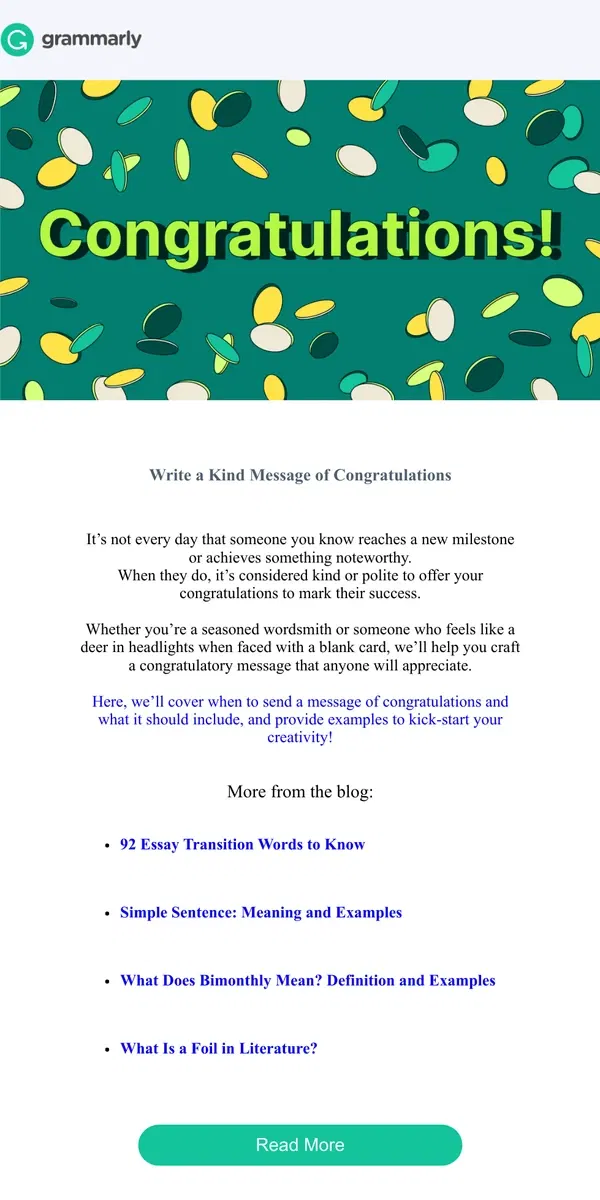Email from Grammarly. How to write a congratulatory message 🥳