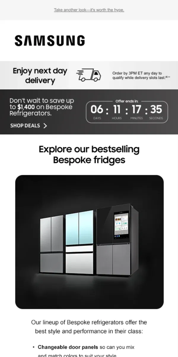 Email from Samsung. [Name], see why Samsung Bespoke fridges are bestselling