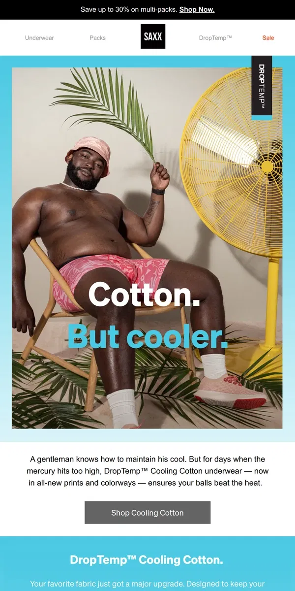 Email from SAXX Underwear. All-new DropTemp™ Cooling Cotton styles